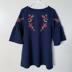 Floerns bell sleeve embroidered tunic dress navy size medium